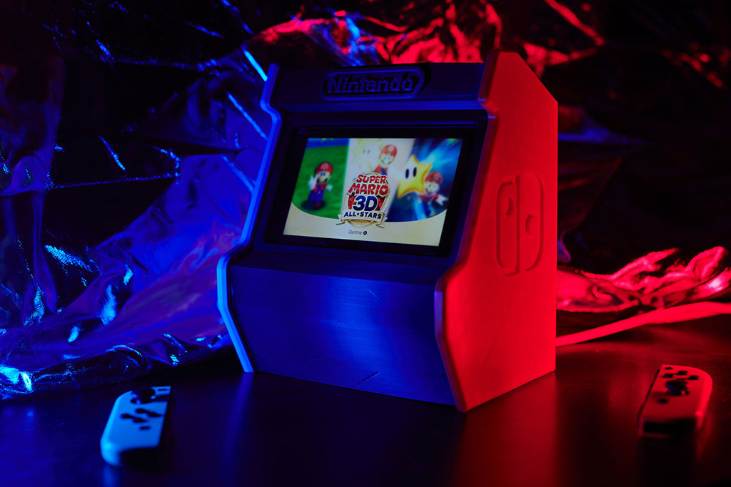 A Nintendo Switch inside a retro arcade holder